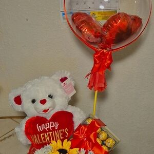 Valentine's Day Gift Set with White Teddy Bear and Red Heart Balloon